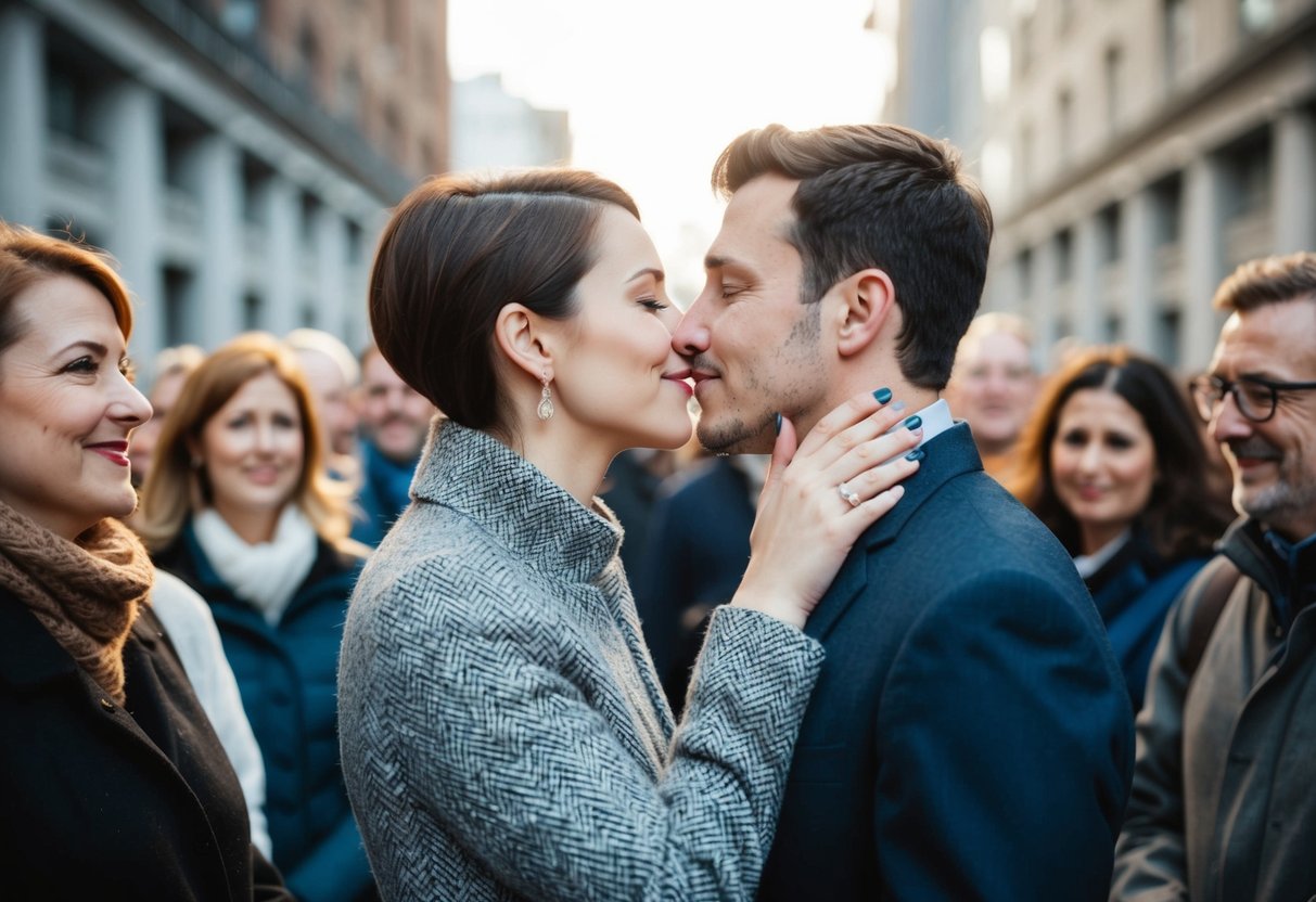 A couple standing face to face, surrounded by onlookers, as they lean in for a kiss