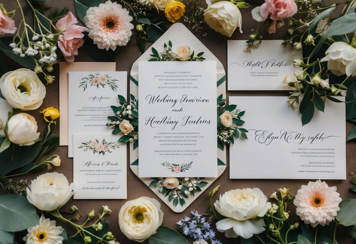 A beautifully decorated wedding invitation surrounded by flowers and elegant calligraphy materials