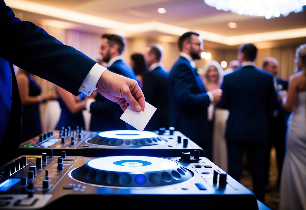 A wedding guest slips a tip into the DJ's booth as the music fills the air