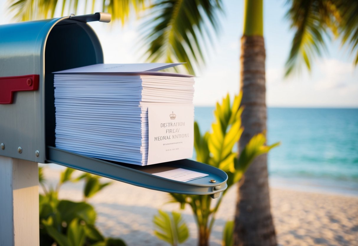 A stack of elegant destination wedding invitations being placed in a mailbox with a tropical beach backdrop