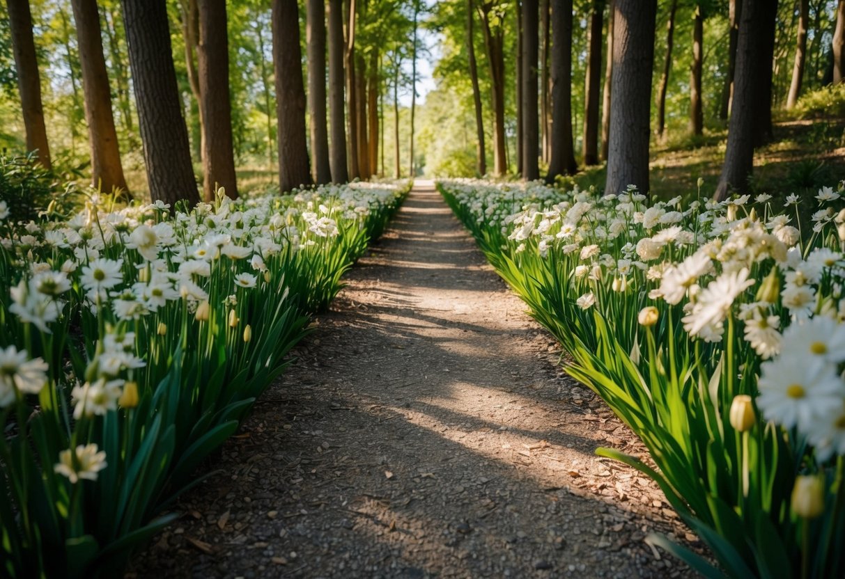 A narrow, flower-lined aisle winds through a secluded forest clearing. Sunlight filters through the trees, casting dappled shadows on the path