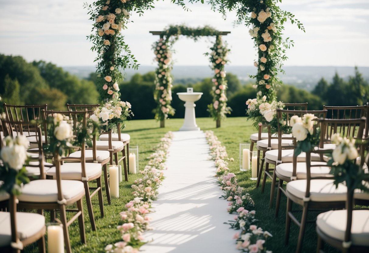 A flower-filled path leading to an intimate outdoor altar, with a beautiful view in the background