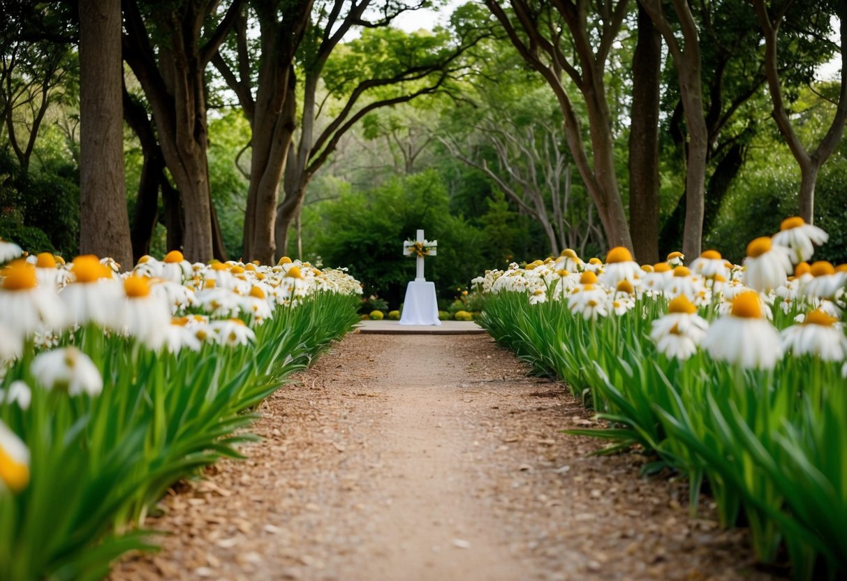 A flower-lined path leads to a secluded clearing, where a simple altar stands beneath a canopy of trees