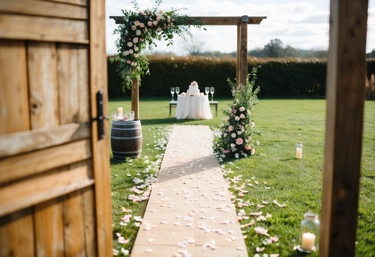 A rustic outdoor setting with a floral arch and scattered petals. A path leads to a table with champagne glasses and a small cake
