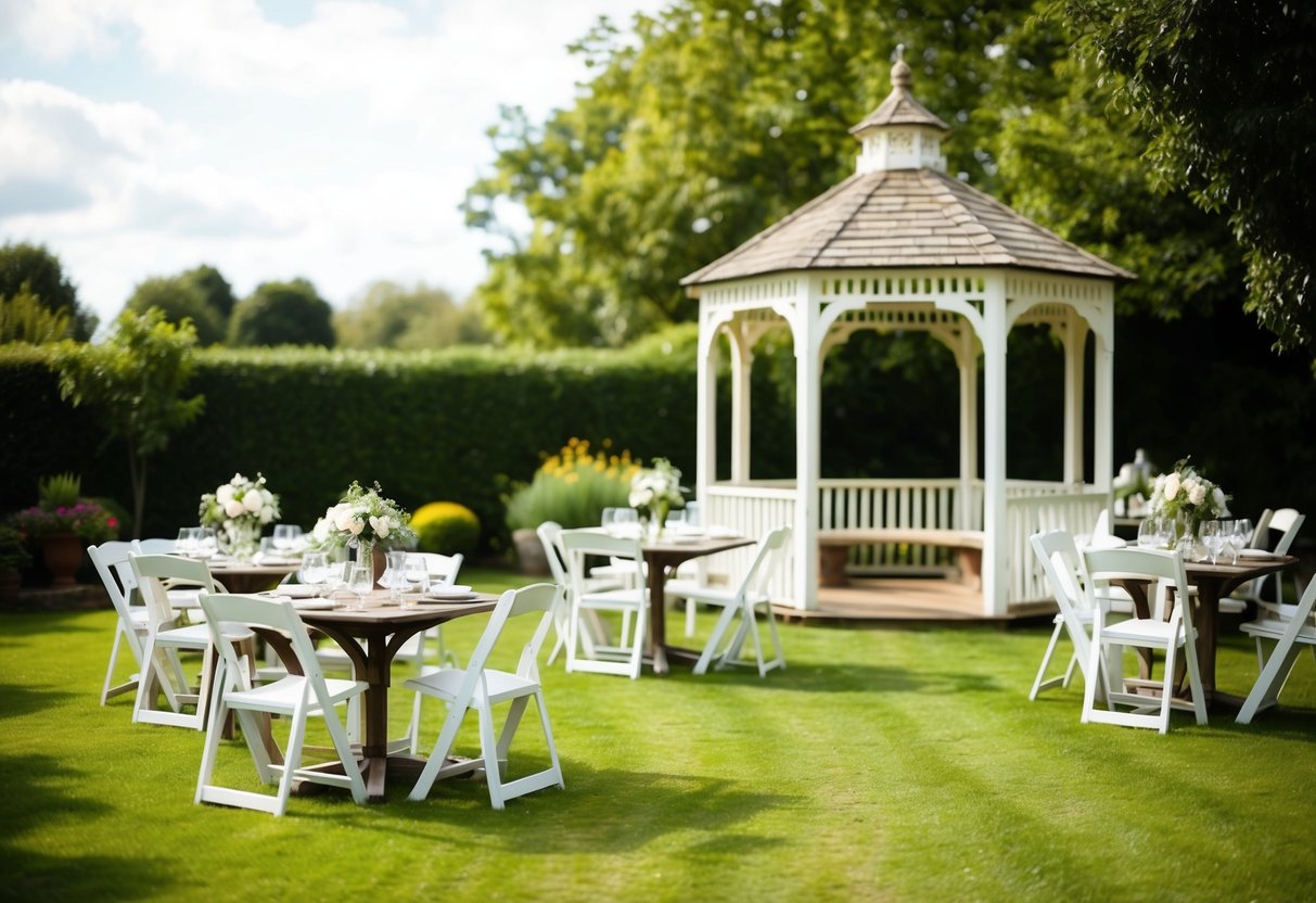 A cozy outdoor garden with small tables and a charming gazebo, set for a 50 person wedding celebration