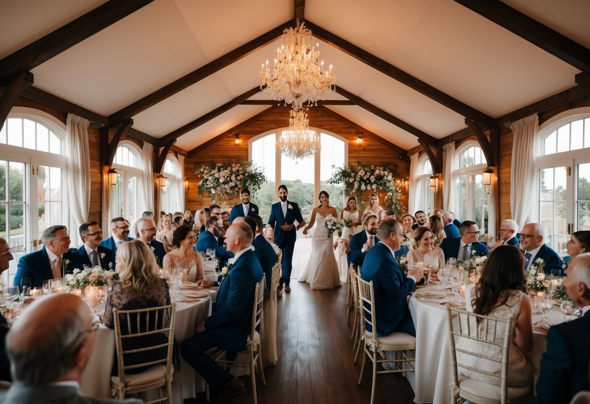A beautifully decorated intimate wedding venue with 50 guests enjoying a romantic and cozy atmosphere