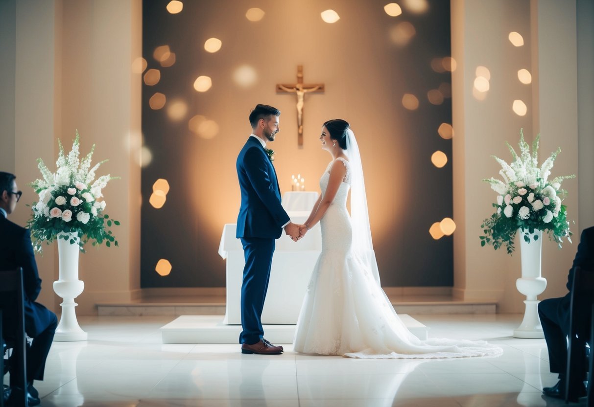 A couple standing at an altar, facing each other, holding hands, with a serene and intimate atmosphere
