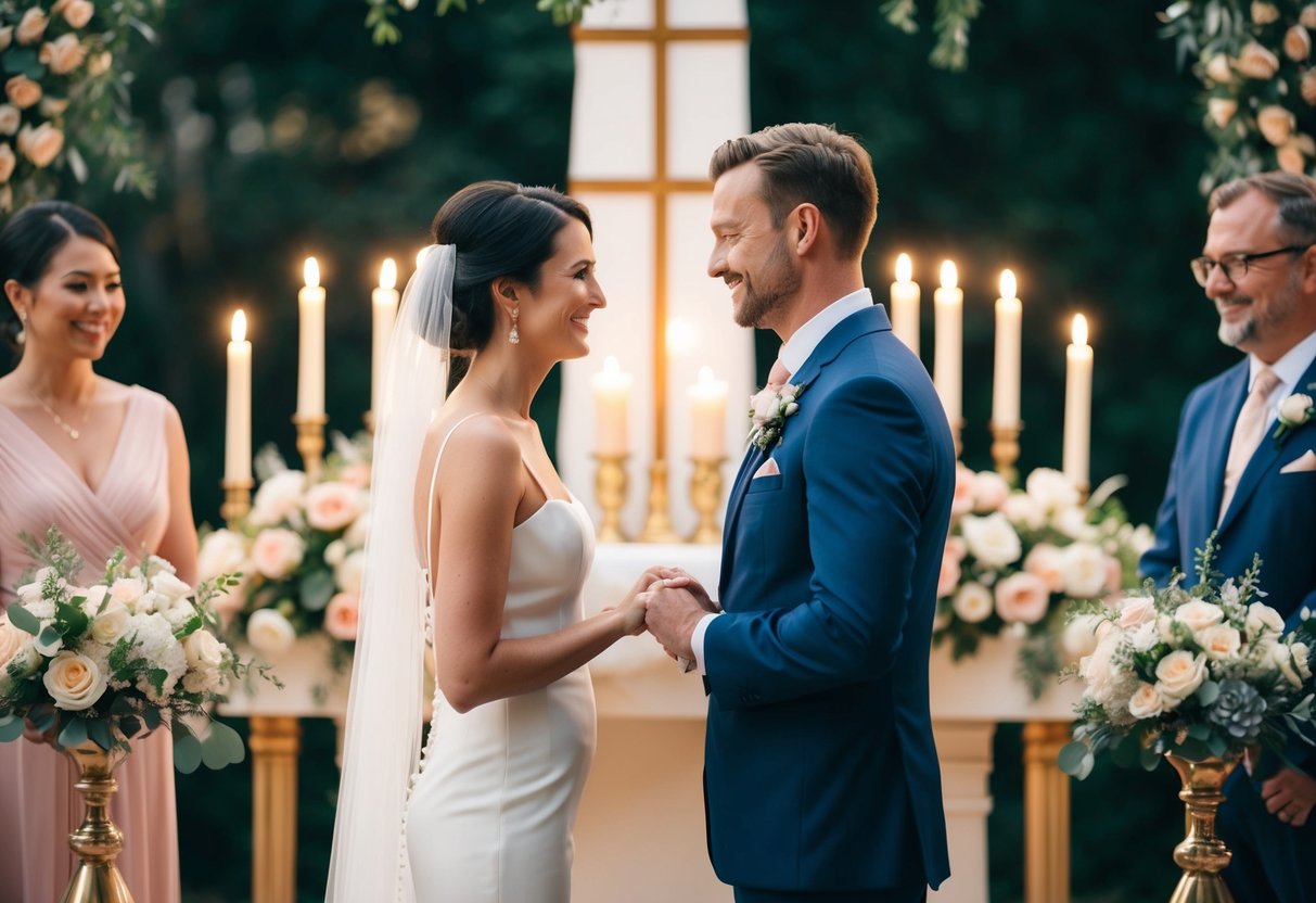 A couple standing face to face, exchanging vows at an altar adorned with flowers and candles, surrounded by their loved ones