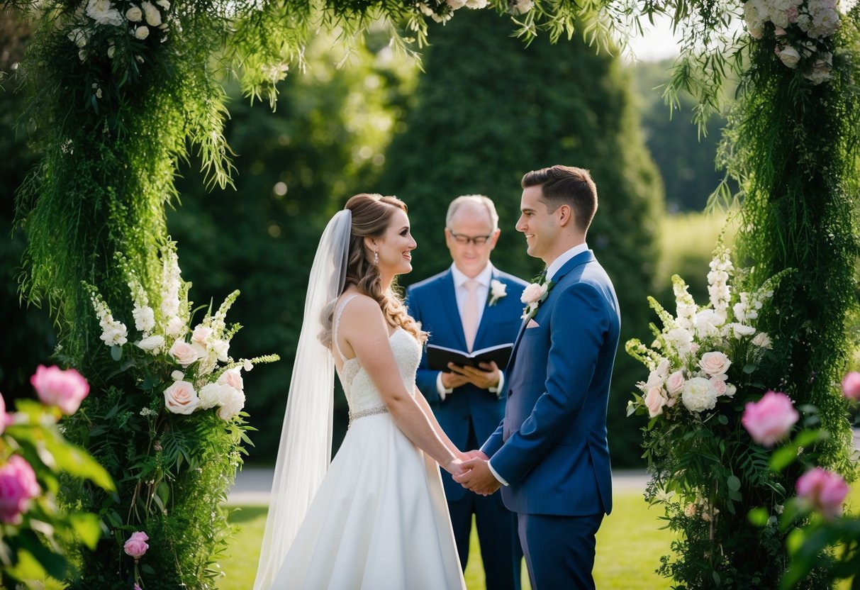 A bride and groom stand facing each other, surrounded by lush greenery and blooming flowers, as they exchange their wedding vows