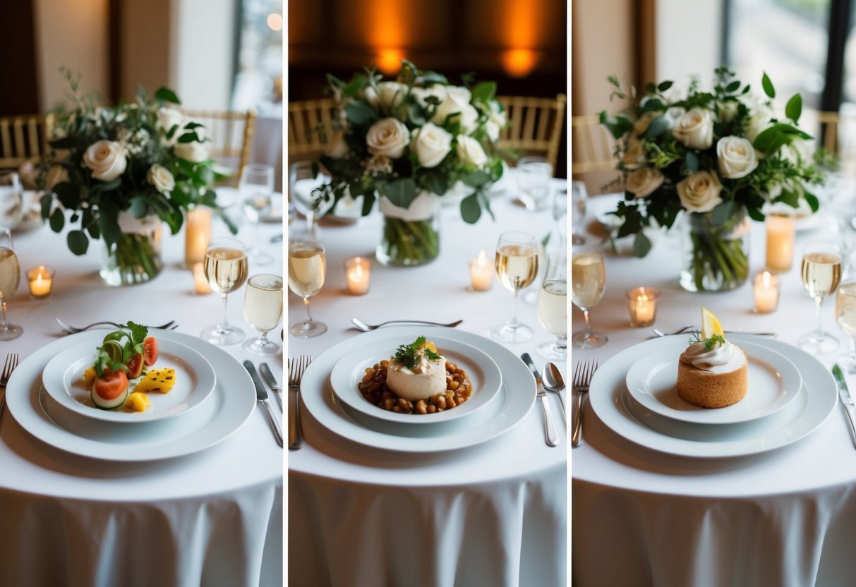 A beautifully set table with three elegant courses, including appetizer, main course, and dessert, being served at a wedding reception