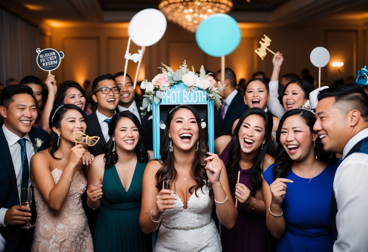 A bustling wedding reception with a decorated photo booth, surrounded by guests laughing and posing with props