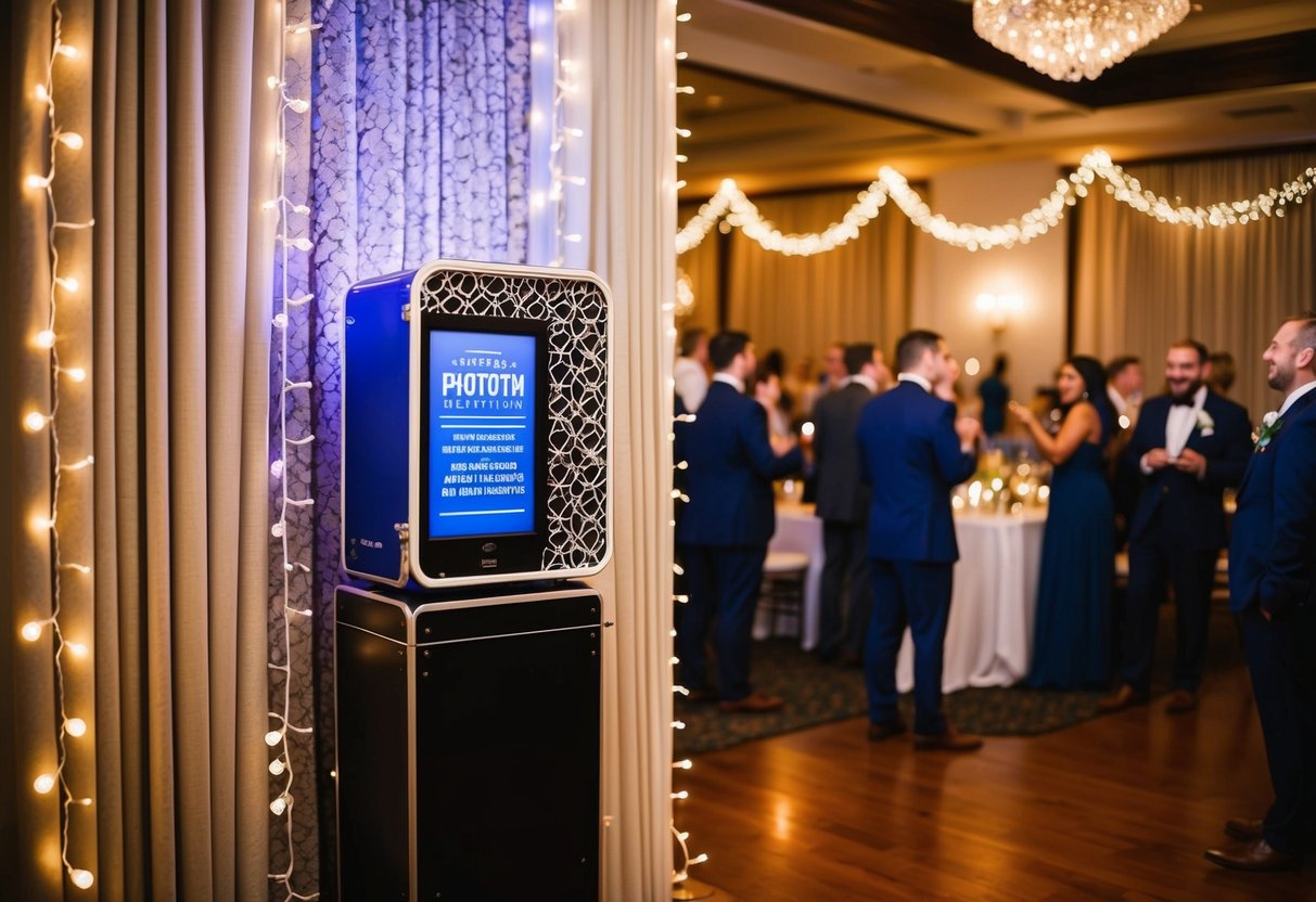 A photobooth sits in the corner of a bustling wedding reception, adorned with twinkling lights and a decorative backdrop