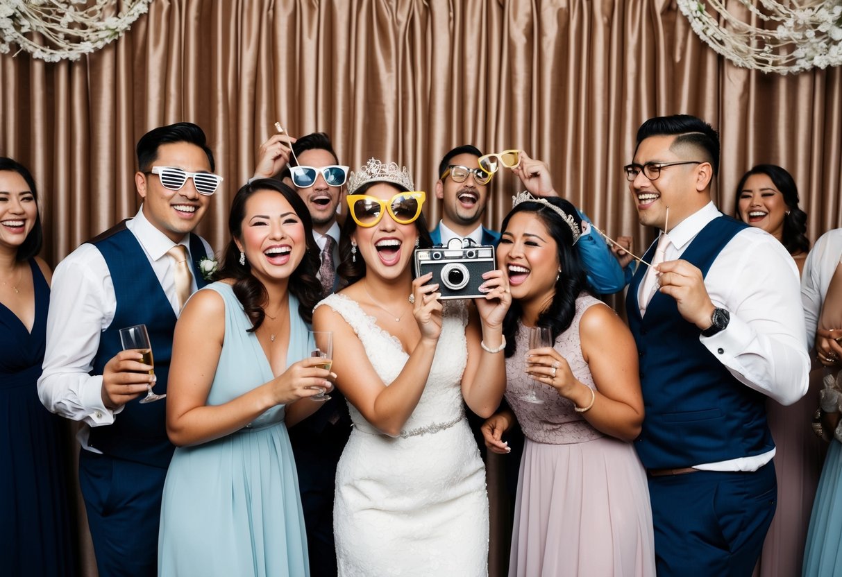 A vintage-inspired photo booth with a curtain backdrop and retro camera props, surrounded by guests laughing and taking pictures at a wedding reception
