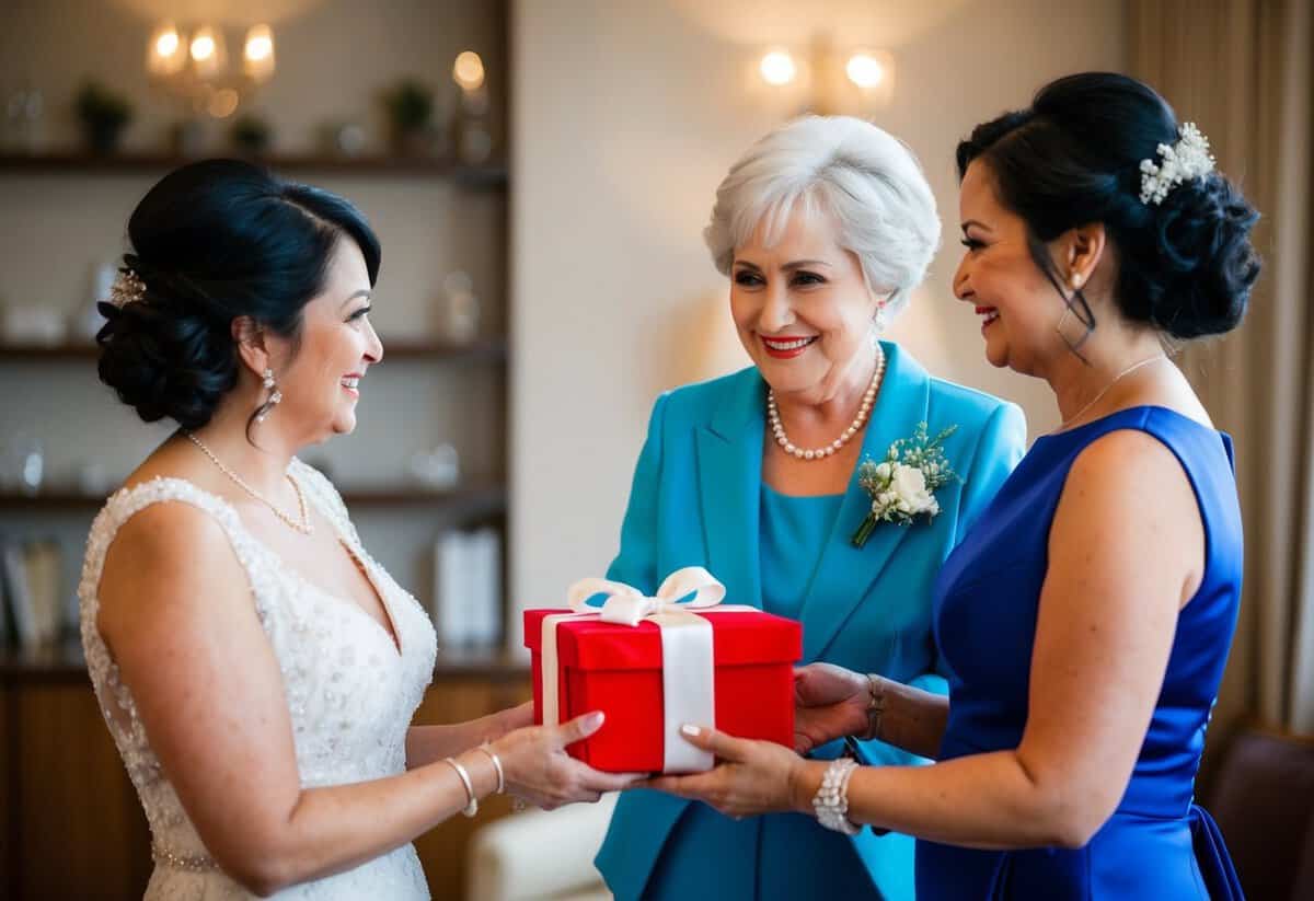 The groom's mother presents a gift to the bride's mother