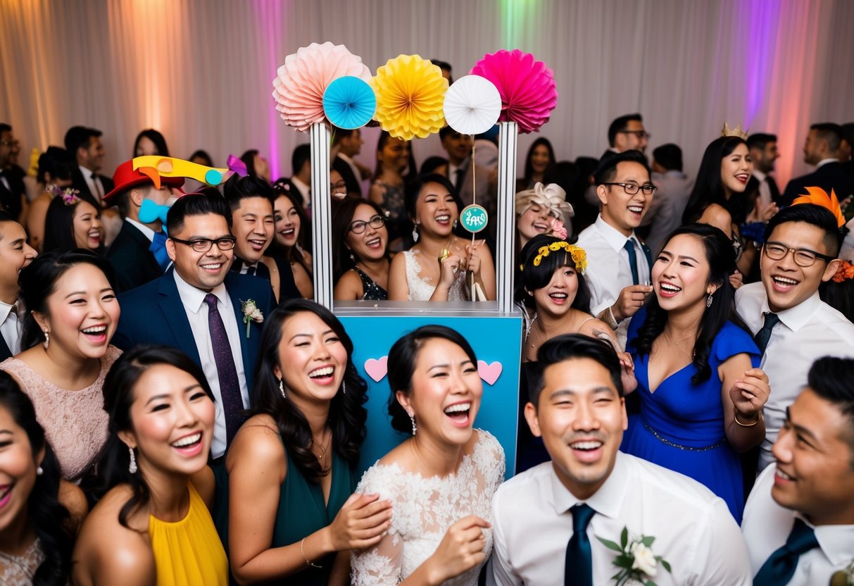 A bustling wedding reception with guests laughing and posing in front of a photobooth, surrounded by colorful props and decorations