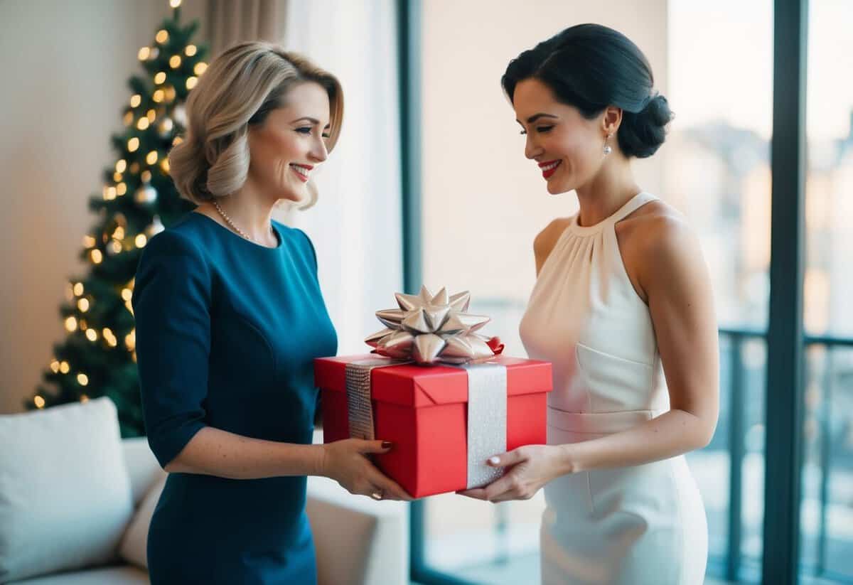 A beautifully wrapped gift box is exchanged between two elegantly dressed women