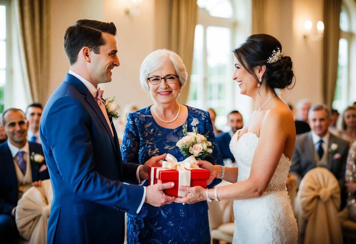 Groom's mother presents a gift to bride's mother at the wedding