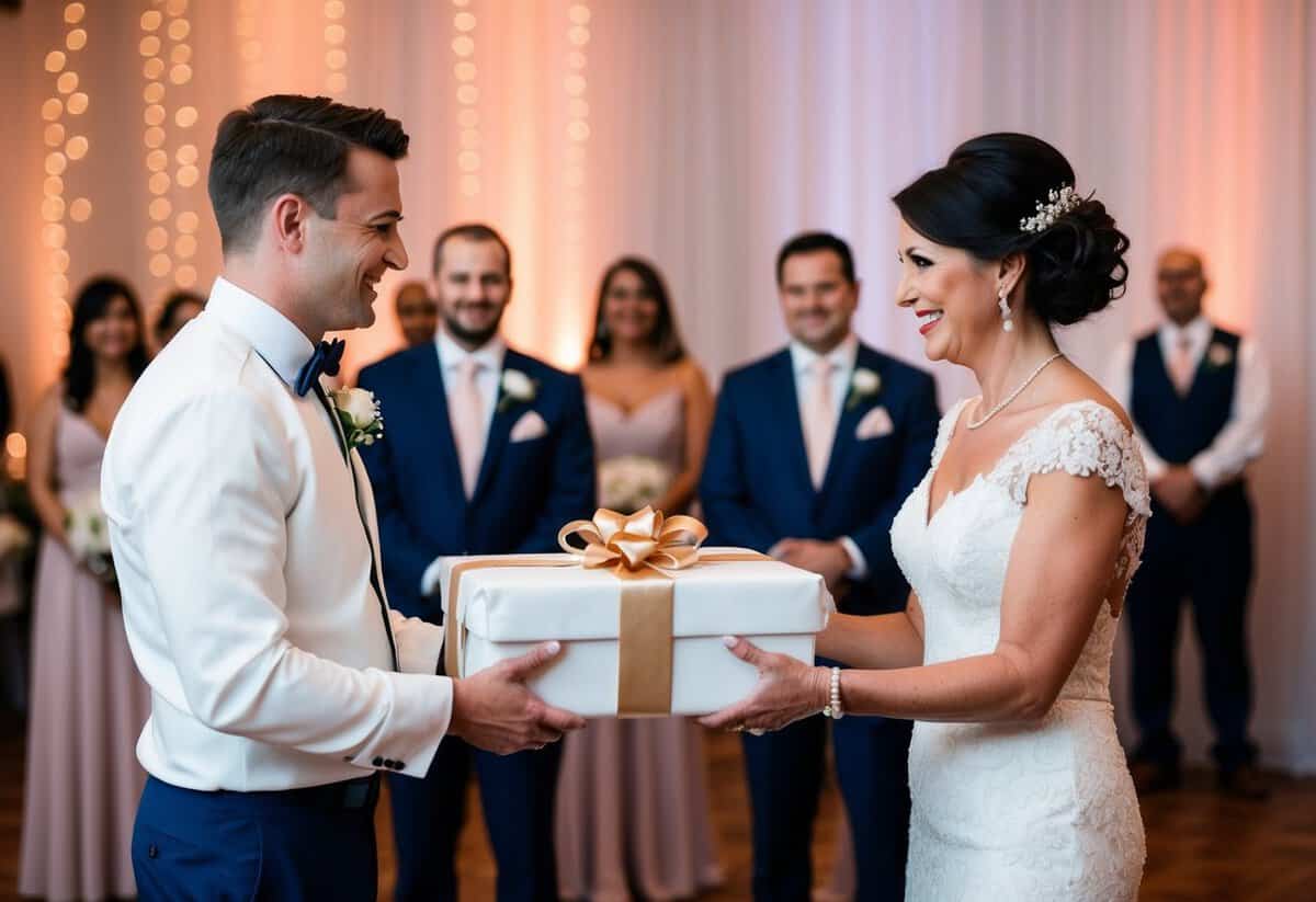 Groom's mother presents a wrapped gift to bride's mother at the wedding reception