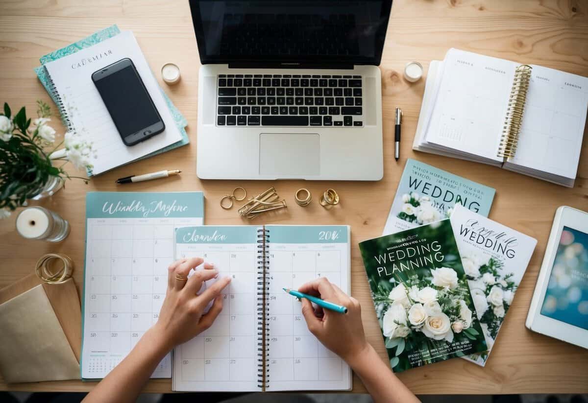 A cluttered desk with a calendar, notebook, and various wedding magazines spread out. A laptop open to a wedding planning website