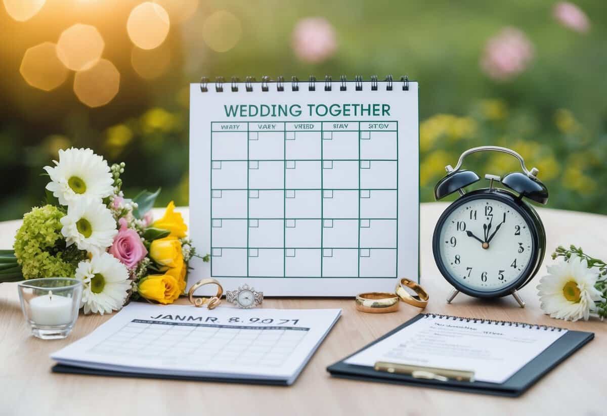 A calendar surrounded by wedding-related items like flowers, rings, and a checklist. A clock shows the passage of time as plans come together