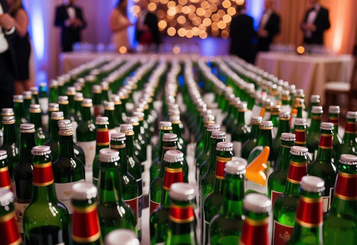 A table with 100 empty bottles arranged for a party