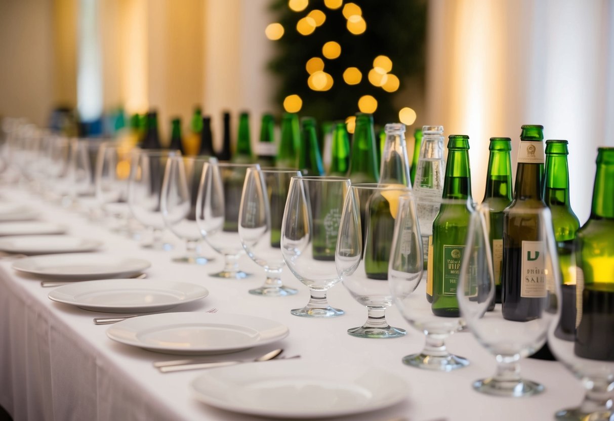 A table with 100 empty glasses and various bottles of drinks lined up, ready for a party