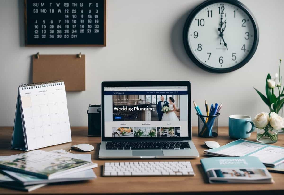 A cluttered desk with a calendar, wedding magazines, and a laptop open to a wedding planning website. A clock on the wall shows the time passing