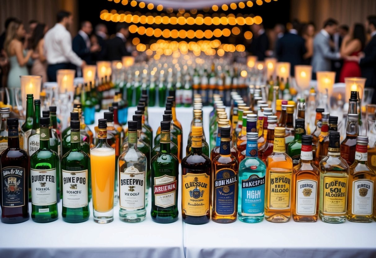 A table with rows of various bottles of alcohol, glasses, and mixers arranged for a party of 100 people