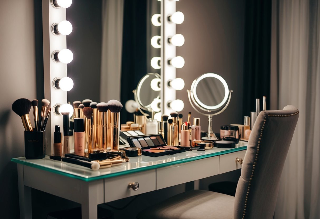 A cluttered makeup table with various high-end products and brushes, a mirror with good lighting, and a well-dressed chair