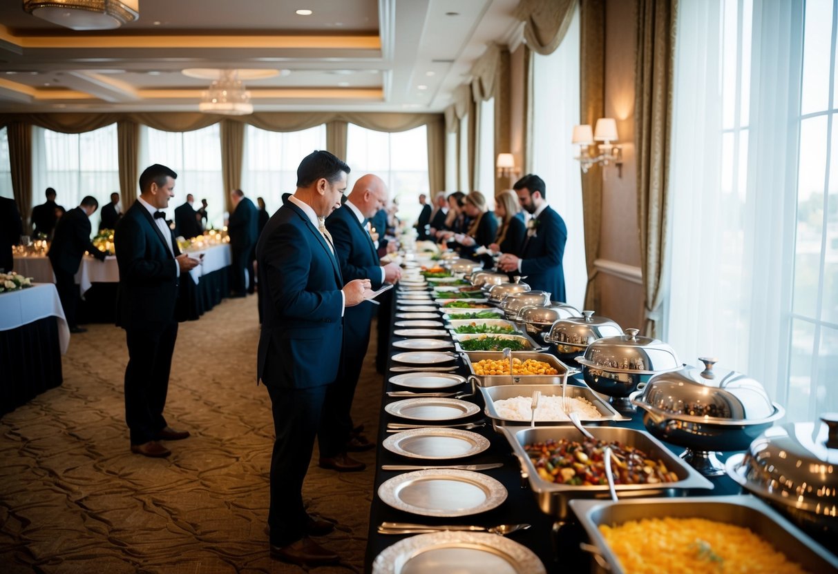A long buffet table stretches across the room, adorned with elegant dishes and silverware. Guests line up, choosing from a variety of delectable options