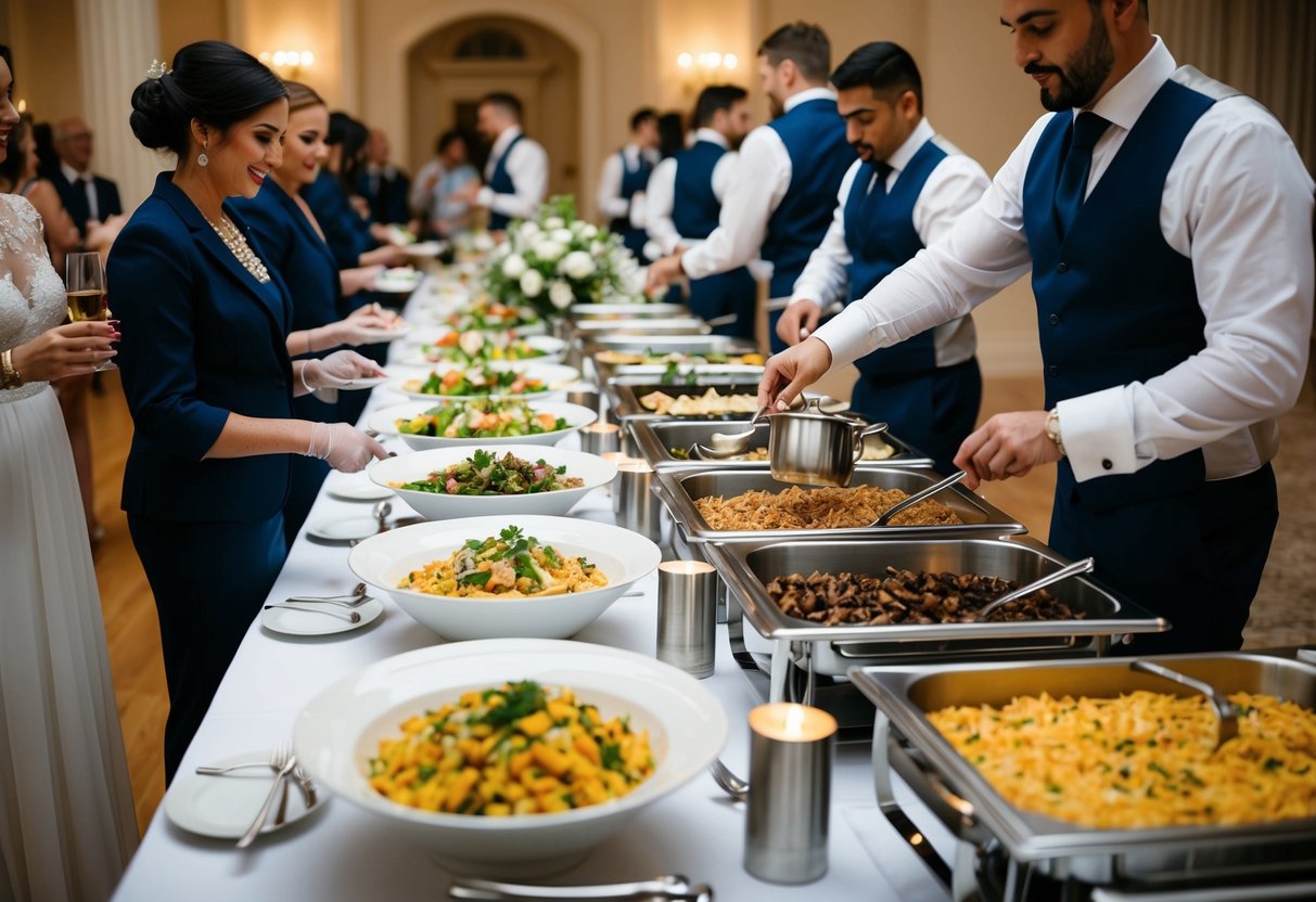 A long buffet table at a wedding with elegant tableware and a variety of food options. Guests are served and managed by staff