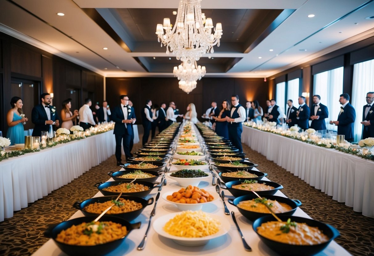 A long buffet table stretches across the reception hall, adorned with elegant dishes and surrounded by guests enjoying the wedding festivities