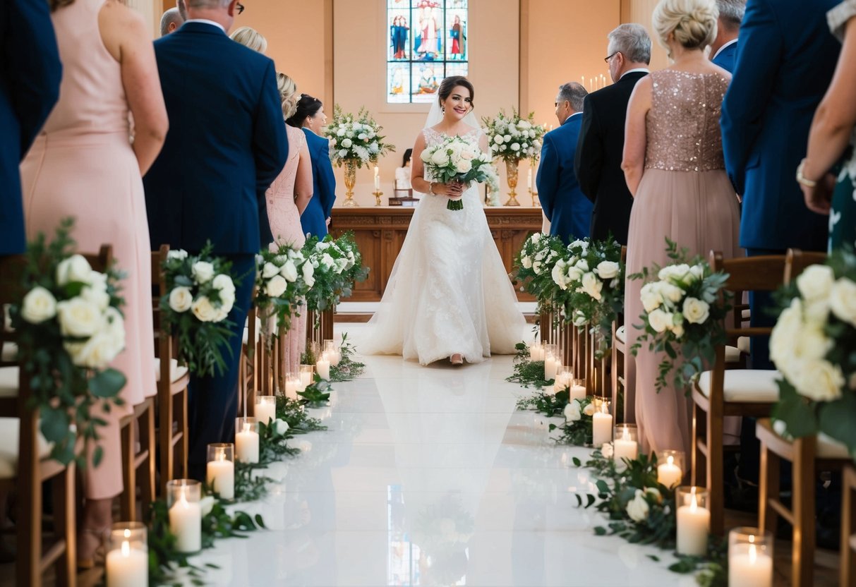 The aisle is adorned with flowers as the mother of the bride walks gracefully towards the altar