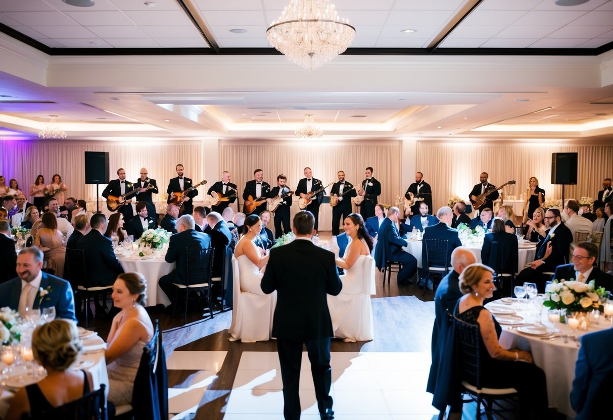 A bustling wedding reception with tables full of guests, a dance floor, and a lively band playing music