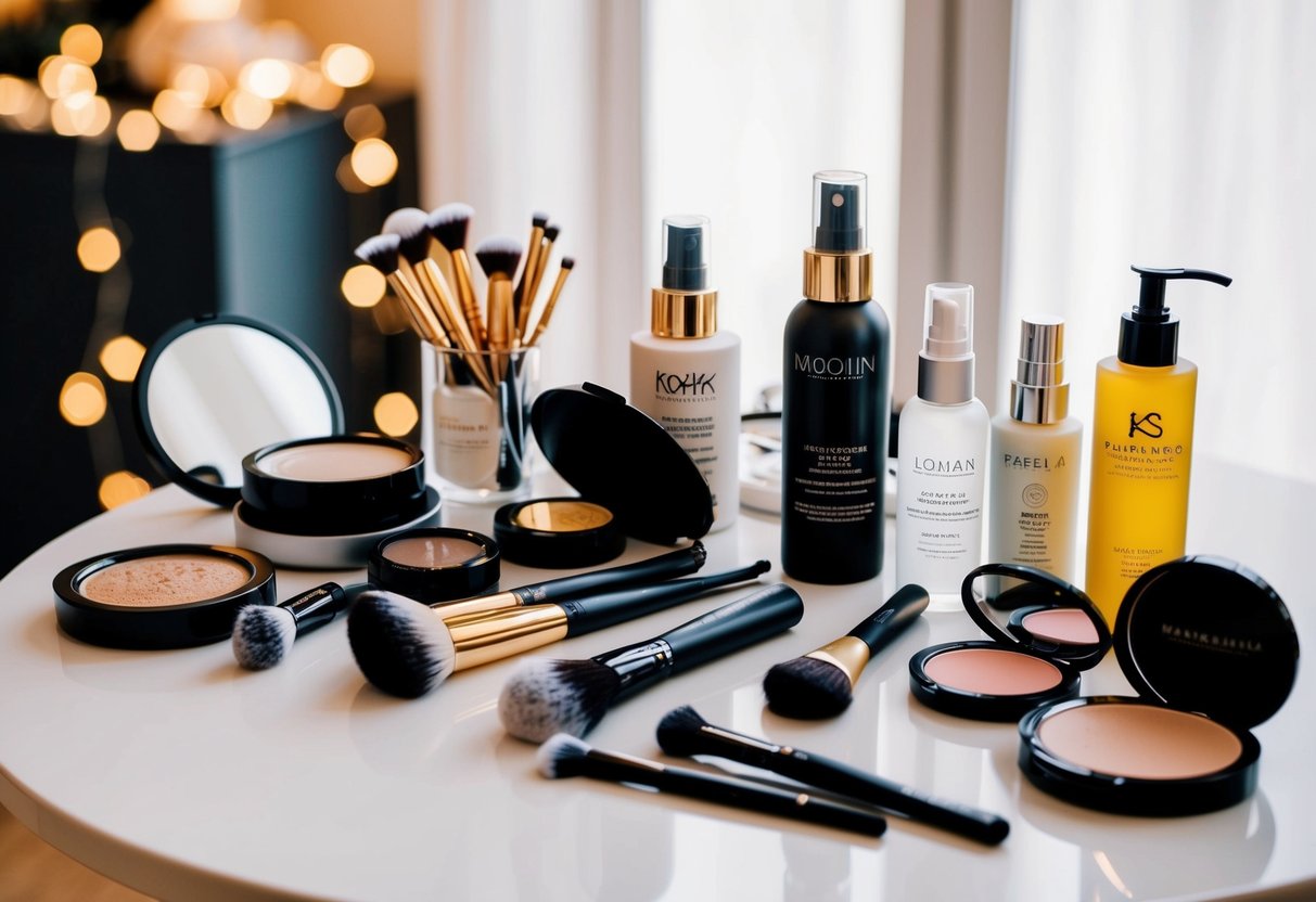 A table set with makeup, hair tools, and skincare products for pre-bridal preparation