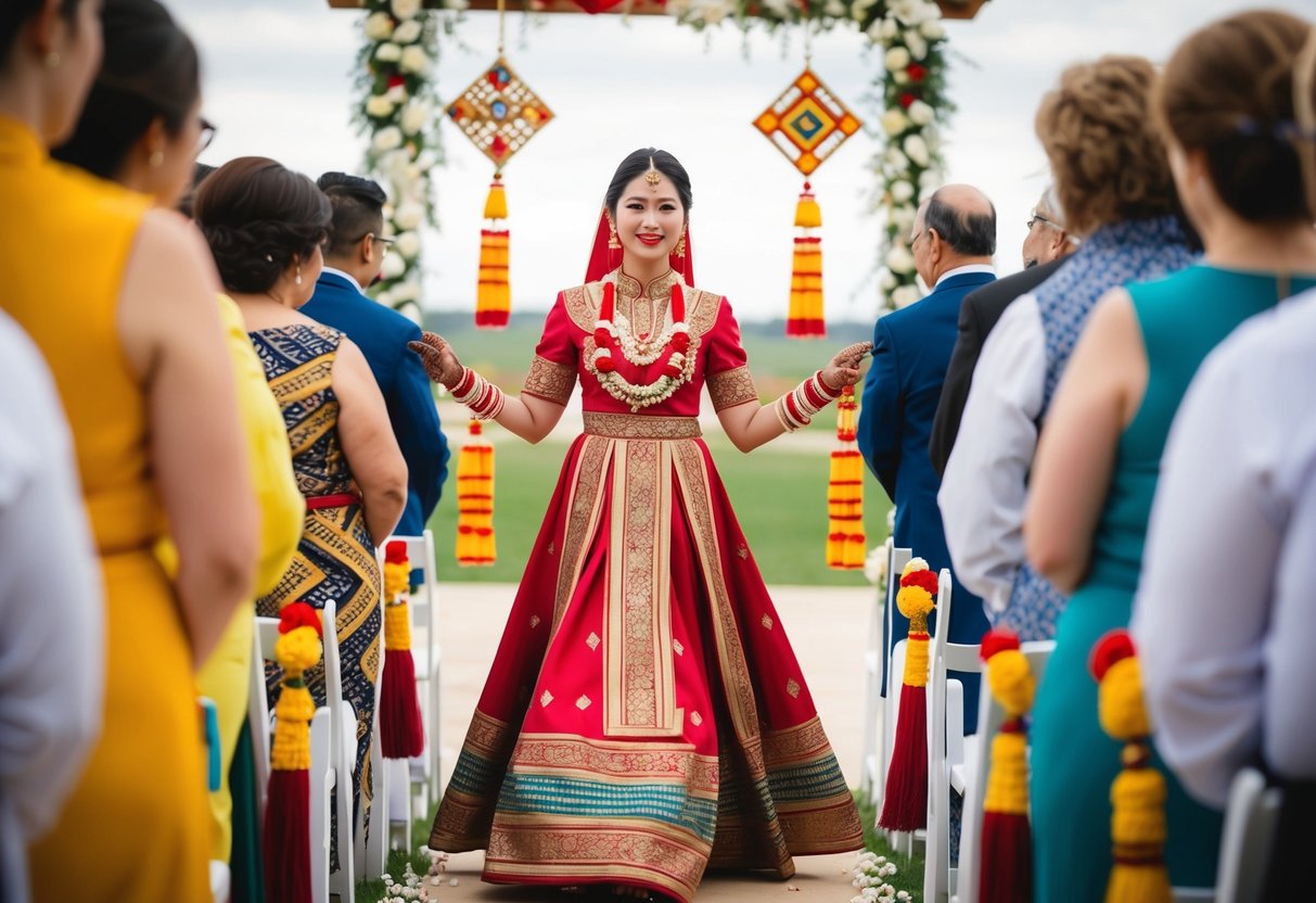 A woman in a traditional dress walks down the aisle, surrounded by symbols of her cultural heritage