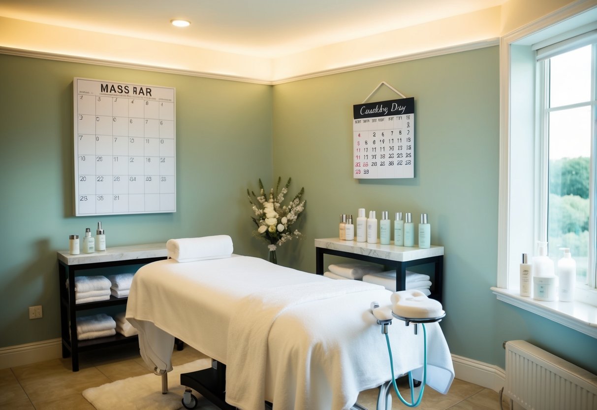 A serene spa room with soft lighting, a massage table, and shelves of skincare products. A calendar on the wall shows the countdown to the wedding day