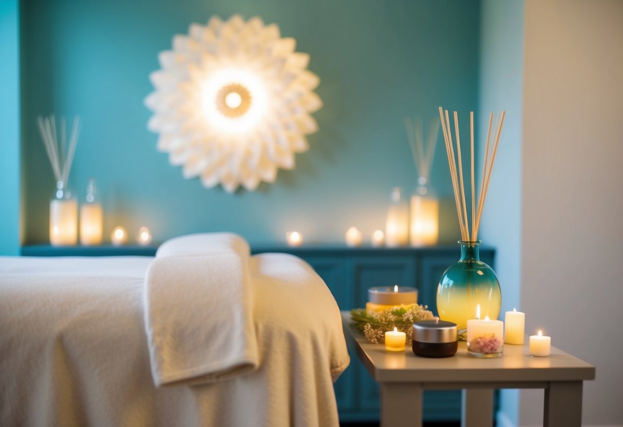 A serene spa with calming decor and soft lighting, featuring a massage table and soothing aromatherapy diffusers