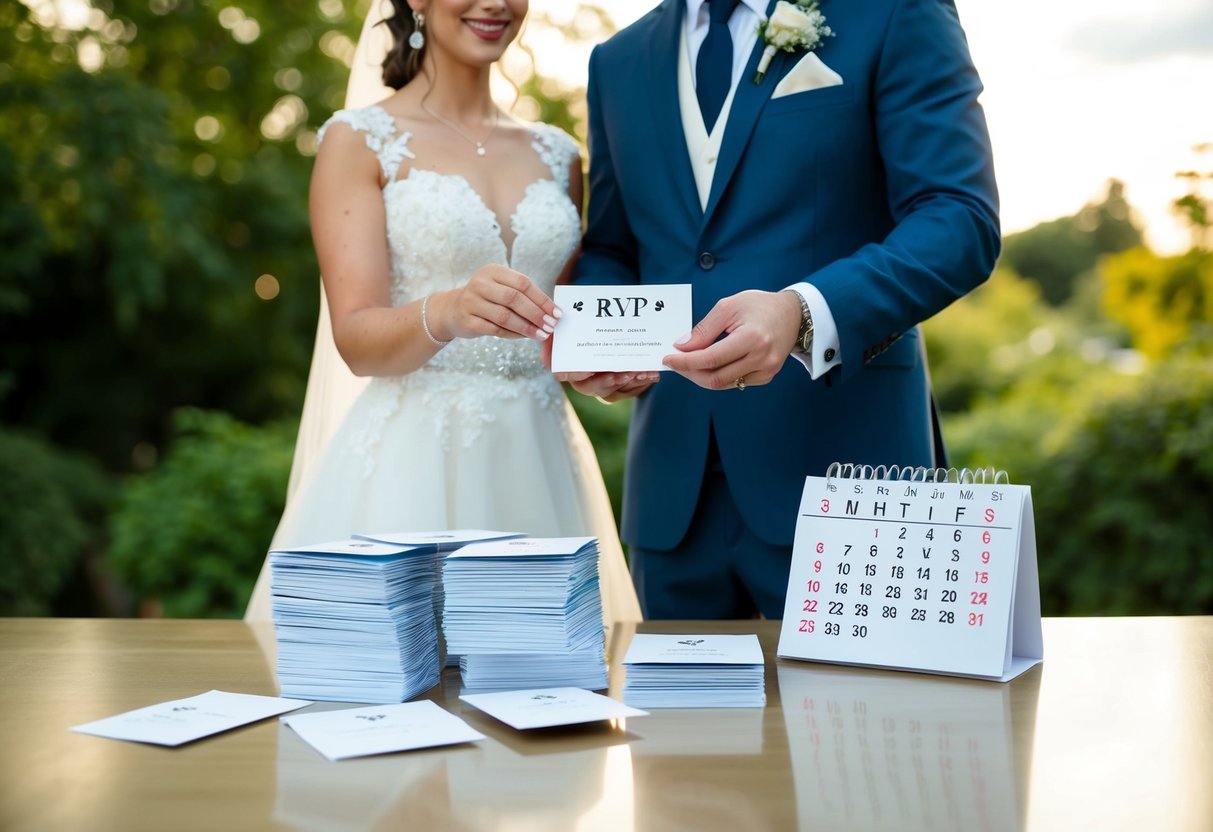 A bride and groom sending out wedding invitations with a pile of RSVP cards on the table and a calendar marking the date of the wedding
