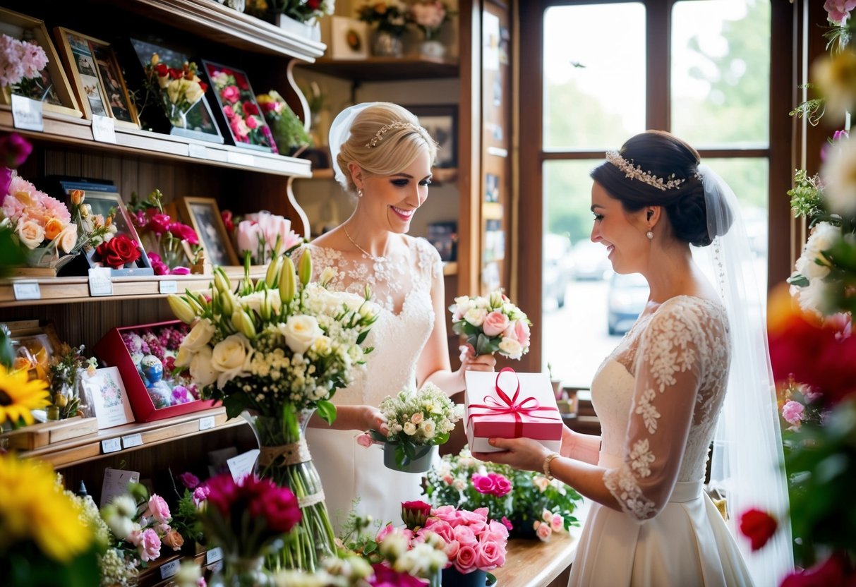 A bride purchases a gift for her mother from a quaint, flower-filled shop