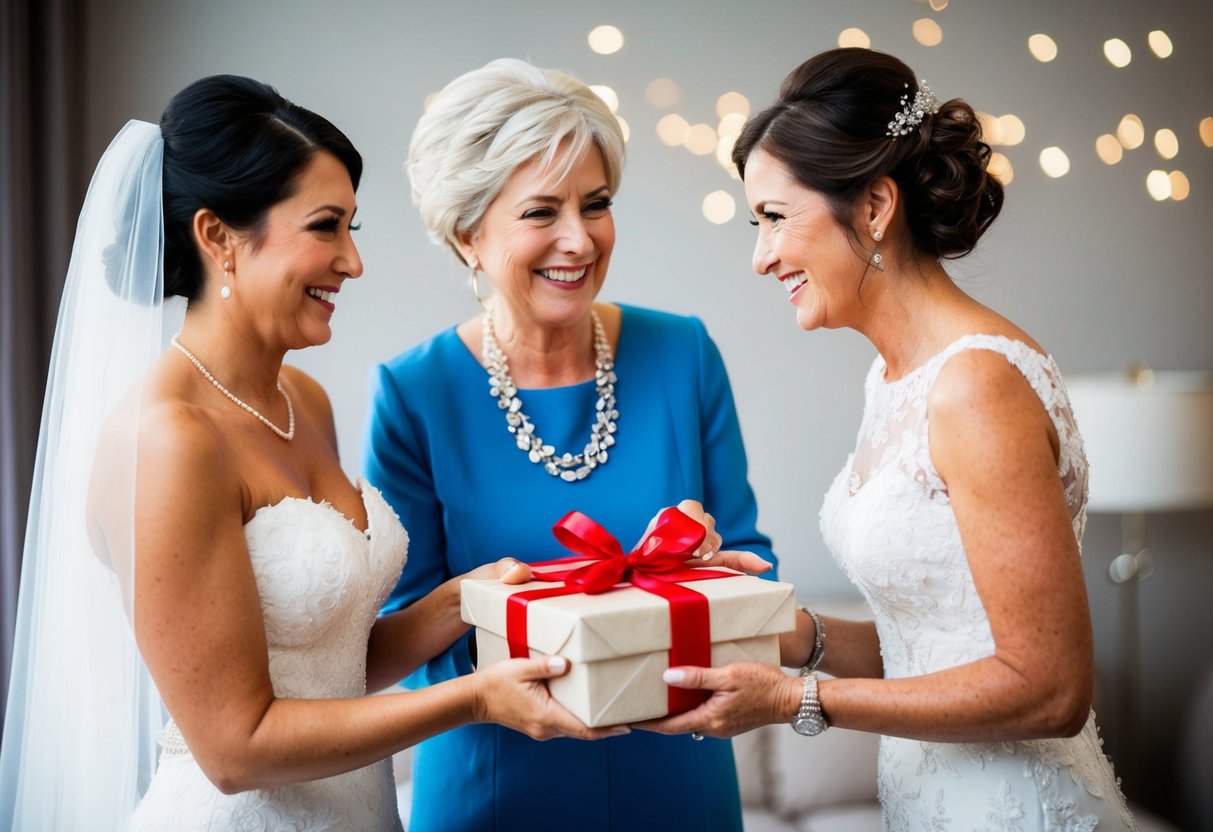 A bride presents a carefully wrapped gift to her mother, both smiling warmly as they exchange the token of appreciation
