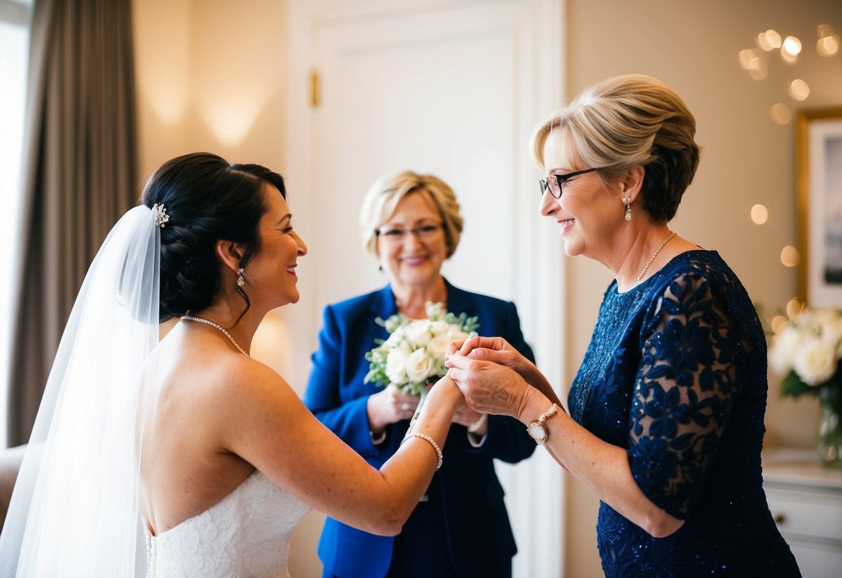 A mother receives a thoughtful gesture from the bride, showing appreciation in a non-material way