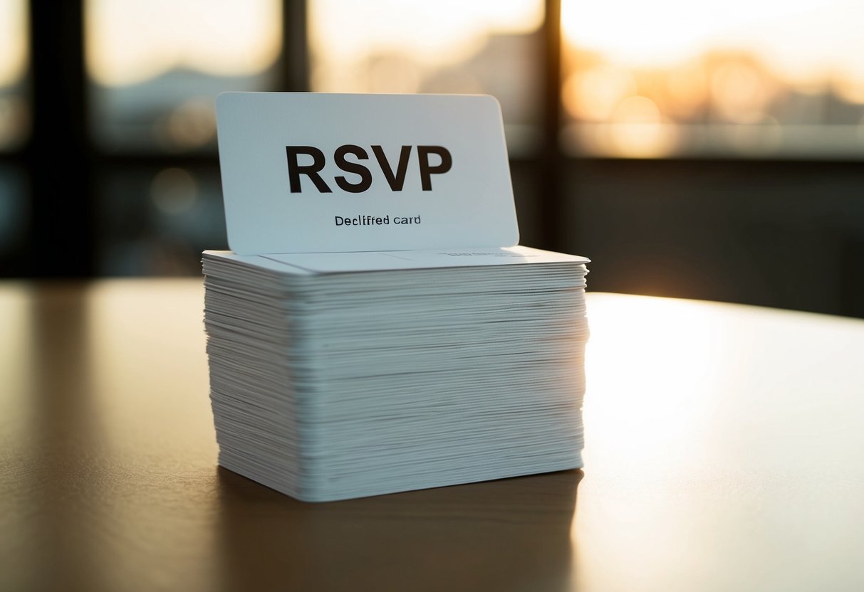 A stack of declined RSVP cards on a table