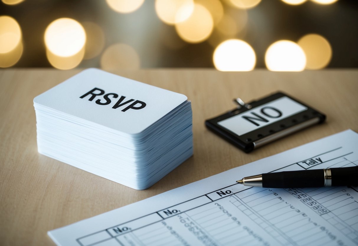 A stack of RSVP cards, some marked "no," sit on a table alongside a pen and a tally sheet