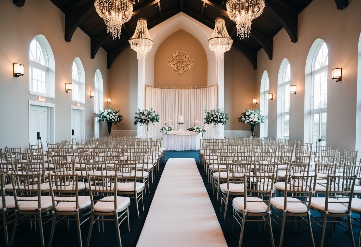 A large wedding venue with rows of chairs and a decorated altar