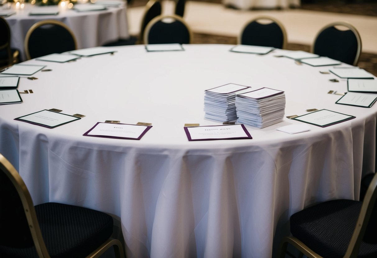 A large table covered with a white tablecloth, surrounded by chairs. On the table, there are numerous place cards and a stack of RSVP cards