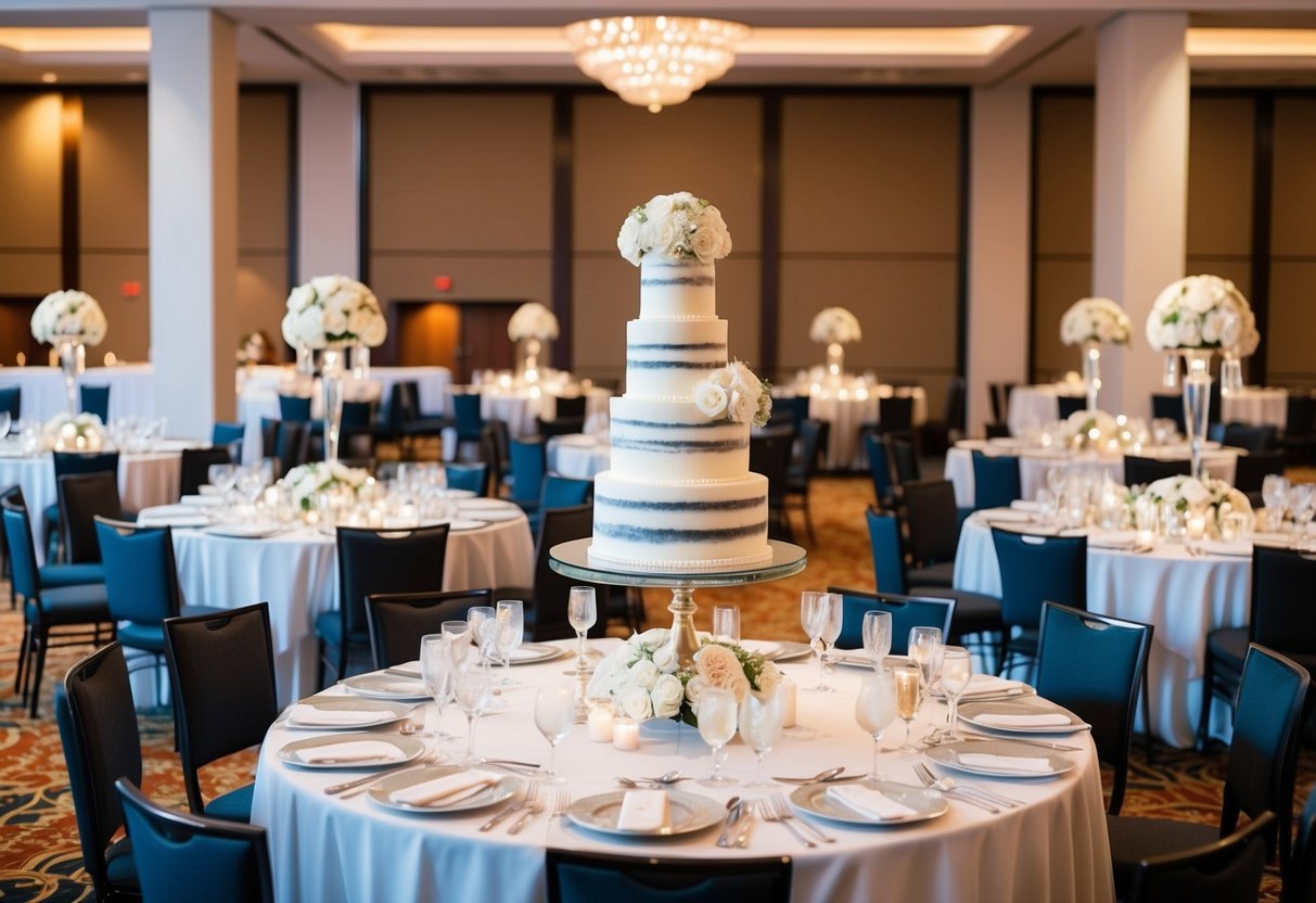 A large banquet hall with tables set for a wedding reception, complete with elegant place settings, floral centerpieces, and a towering wedding cake