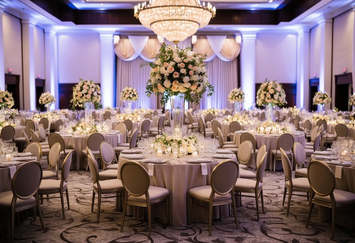 A grand ballroom filled with elegant tables and chairs, adorned with elaborate floral centerpieces, ready to accommodate hundreds of guests for a lavish wedding celebration
