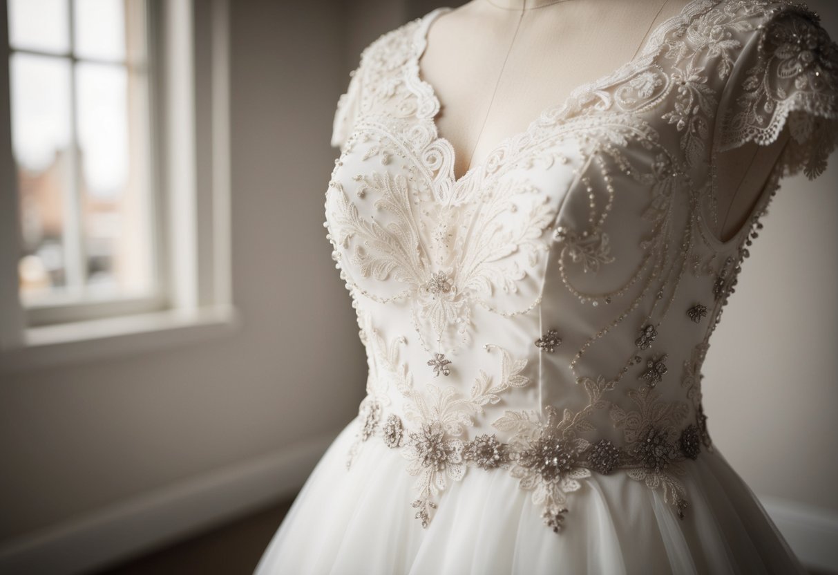 A plain wedding dress adorned with delicate lace, shimmering beads, and elegant embroidery, adding depth and interest to the otherwise simple design