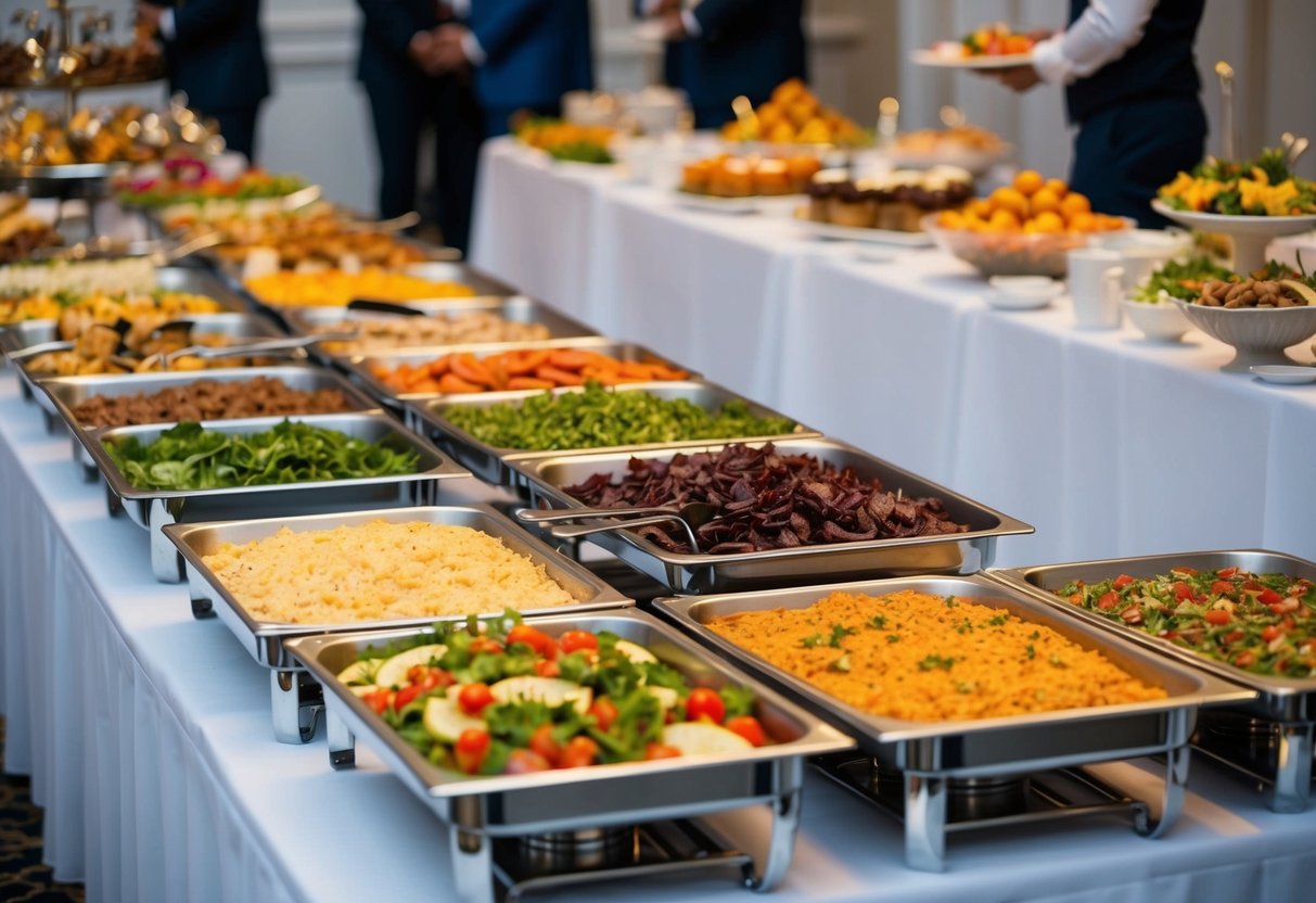 A long buffet table filled with a variety of food, including trays of appetizers, salads, entrees, and desserts, all set up for 40 guests